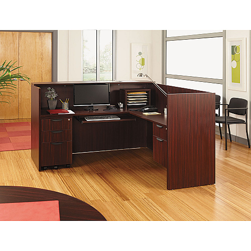 Alera Valencia Series Reception Desk with Transaction Counter, 71" x 35.5" x 29.5" to 42.5", Mahogany (ALEVA327236MY)
