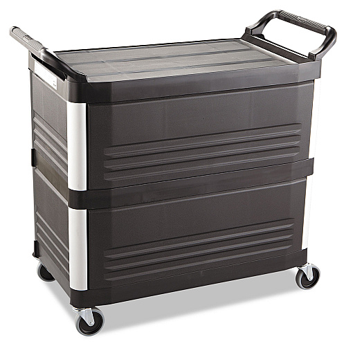 Rubbermaid Commercial Xtra Utility Cart with Enclosed Sides and Back, Plastic, 3 Shelves, 300 lb Capacity, 20" x 40.63" x 37.8", Black (4093BLA)