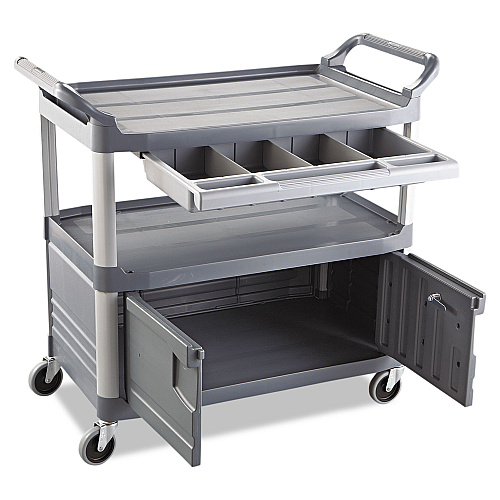 Rubbermaid Commercial Xtra Instrument Cart with Locking Storage Area, Plastic, 3 Shelves, 300 lb Capacity, 20" x 40.63" x 37.8", Gray (4094GRA)