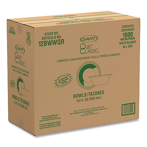 Dart Quiet Classic Laminated Foam Dinnerware Bowls, 10 to 12 oz, White, 125/Pack, 8 Packs/Carton (12BWWQR)