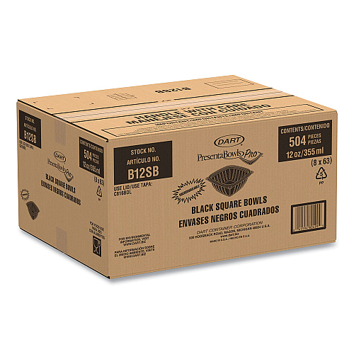 Dart PresentaBowls Pro Black Square Bowls, 12 oz, 5 x 5 x 2, Black, Plastic, 63/Bag, 8 Bags/Carton (B12SB)