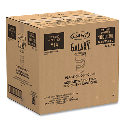 Dart High-Impact Polystyrene Cold Cups, 14 oz, Translucent, 50 Cups/Sleeve. 20 Sleeves/Carton (Y14)