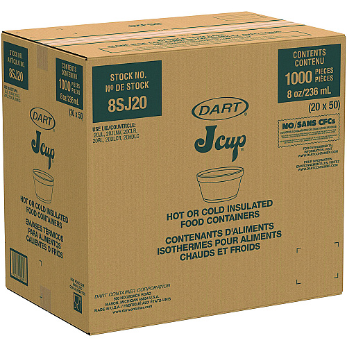 Dart Food Containers, Squat, 8 oz, White, Foam, 1,000/Carton (8SJ12)