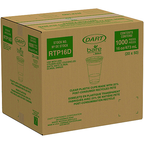 Dart Bare Eco-Forward RPET Cold Cups, ProPlanet Seal, 16 oz to 18 oz, Leaf Design, Clear, 50/Pack, 20 Packs/Carton (RTP16DBARECT)