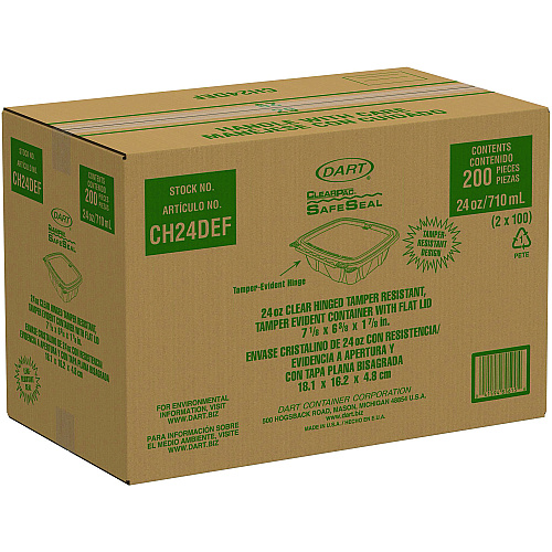 Dart ClearPac SafeSeal rPET Tamper-Resistant Container, ProPlanet Seal, Flat Lid, 24oz, 6.4 x 1.9 x 7.1, Clear, 100/Bag, 2 Bags/CT (CH24DEF)