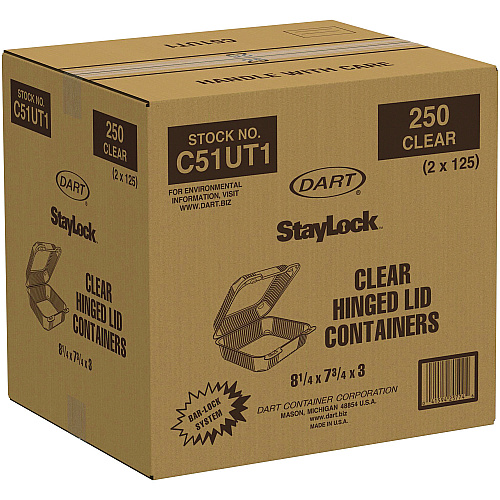 Dart StayLock Clear Hinged Lid Containers, 7.8 x 8.3 x 3, Clear, Plastic, 125/Bag, 2 Bags/Carton (C51UT1)
