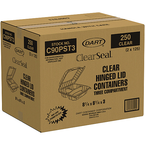 Dart ClearSeal Hinged-Lid Plastic Containers, 8.25 x 8.25 x 3, Clear, Plastic, 125/Pack, 2 Packs/Carton (C90PST3)