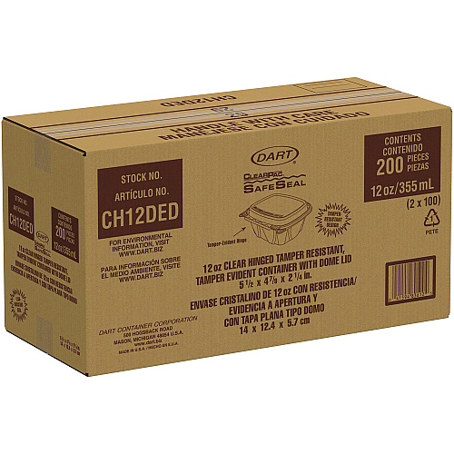 Dart ClearPac SafeSeal Tamper-Resistant/Evident Containers, Domed Lid, 12 oz, Clear, Plastic, 100/Bag, 2 Bags/Carton (CH12DED)