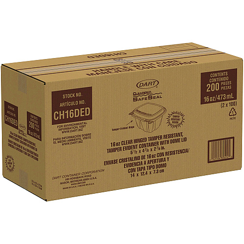 Dart ClearPac SafeSeal Tamper-Resistant/Evident Containers, Domed Lid, 16 oz, 4.9 x 2.9 x 5.5, Clear, Plastic, 100/Bag, 2 Bags/CT (CH16DED)