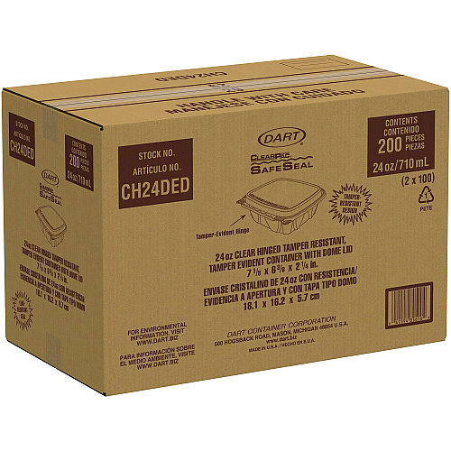 Dart ClearPac SafeSeal Tamper-Resistant/Evident Containers, Domed Lid, 24 oz, 6.4 x 2.3 x 7.1, Clear, Plastic, 100/Bag, 2 Bags/CT (CH24DED)
