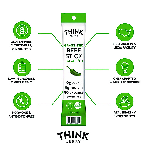 Think Jerky Jalapeno 100% Grass-Fed Beef Sticks, 1 oz Individually Wrapped Sticks, 20/Carton (33700003)