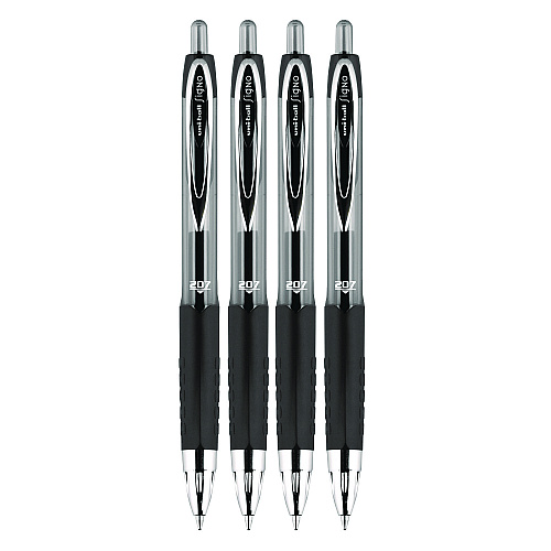 uni-ball Signo 207 Gel Pen, Retractable, Fine 0.5 mm, Black Ink, Smoke/Black Barrel, 4/Pack (61270)