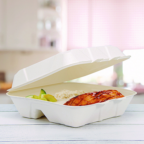 Dart Compostable Fiber Hinged Trays, ProPlanet Seal, 3-Compartment, 9.25 x 9.45 x 2.17, Ivory, Molded Fiber, 200/Carton (HC9FBR3)