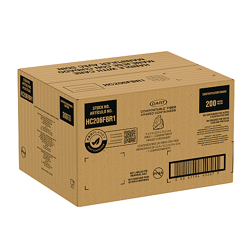 Dart Compostable Fiber Hinged Containers, ProPlanet Seal, 6.34 x 9.06 x 1.97, Ivory, Molded Fiber, 200/Carton (HC206FBR1)