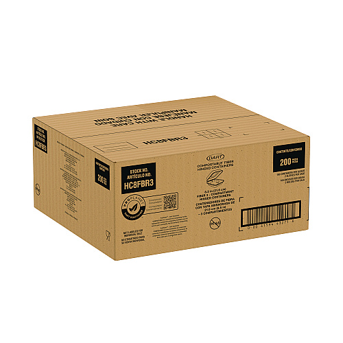 Dart Compostable Fiber Hinged Trays, ProPlanet Seal, 3-Compartment, 8.03 x 8.4 x 1.93, Ivory, Molded Fiber, 200/Carton (HC8FBR3)