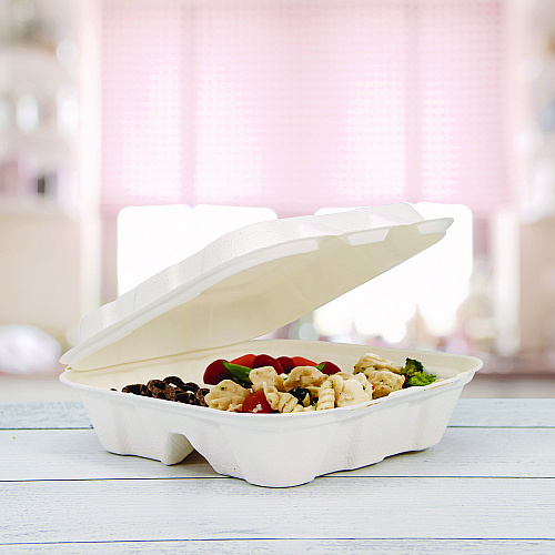 Dart Compostable Fiber Hinged Trays, ProPlanet Seal, 3-Compartment, 8.03 x 8.4 x 1.93, Ivory, Molded Fiber, 200/Carton (HC8FBR3)
