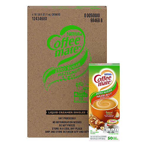 Coffee-mate Liquid Coffee Creamer, Zero Sugar Hazelnut, 0.38 oz Mini Cups, 50/Box, 4 Boxes/Carton (98468CT)