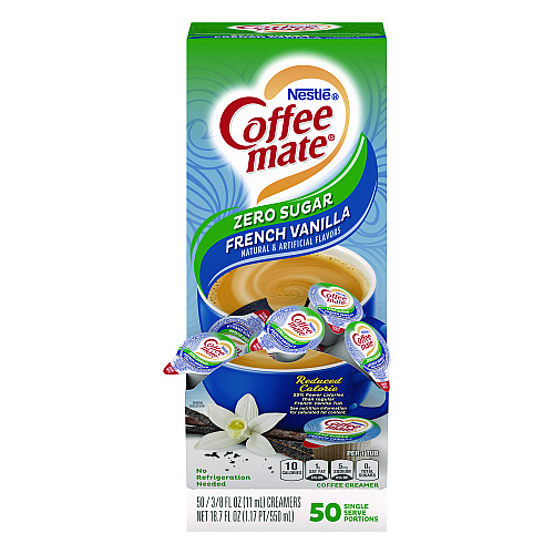 Coffee-mate Liquid Coffee Creamer, Zero Sugar French Vanilla, 0.38 oz Mini Cups, 50/Box, 4 Boxes/Carton, 200 Total/Carton (91757CT)