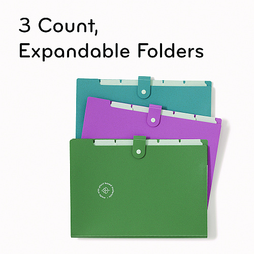 U Brands U-Eco Six-Pocket Expandable Folder, 4.5" Expansion, 6 Sections, Snap Button Closure, 1/6-Cut Tabs, Letter Size, 3/Pack (6592U0112)