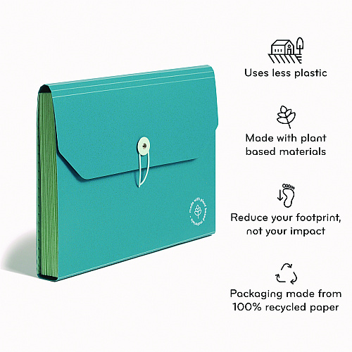 U Brands U-Eco 13-Pocket Expandable File, 9.75" Expansion, 13 Sections; Button/Elastic Closure, 1/12-Cut Tabs, Letter Size, Ocean (6594U0112)