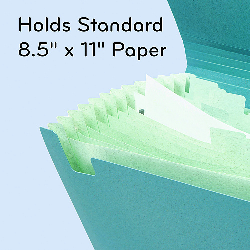 U Brands U-Eco 13-Pocket Expandable File, 9.75" Expansion, 13 Sections; Button/Elastic Closure, 1/12-Cut Tabs, Letter Size, Ocean (6594U0112)