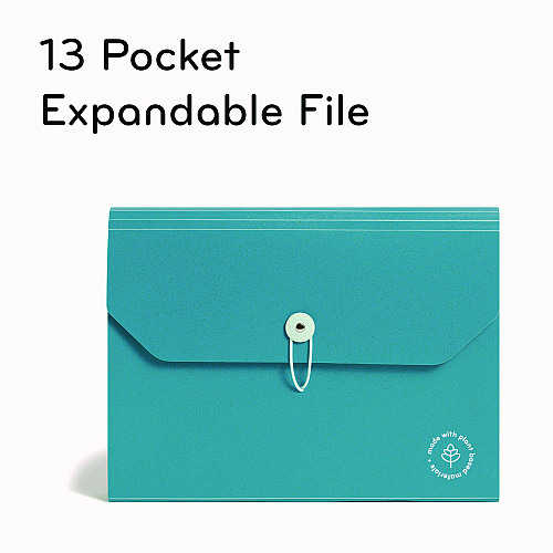 U Brands U-Eco 13-Pocket Expandable File, 9.75" Expansion, 13 Sections; Button/Elastic Closure, 1/12-Cut Tabs, Letter Size, Ocean (6594U0112)