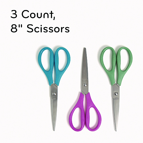 U Brands U-Eco Scissors, 9.45" Long, 3" Cut Length, Straight Assorted Color Handles, 3/Pack (6607U0124)