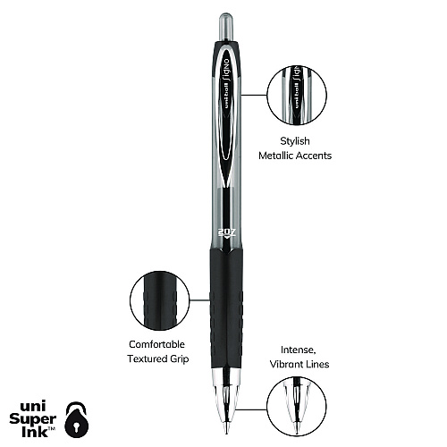uni-ball Signo 207 Gel Pen, Retractable, Medium 0.7 mm, Black Ink, Smoke/Black Barrel, Dozen (33950)