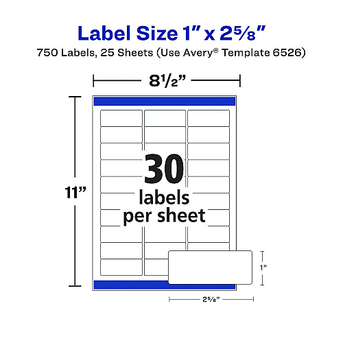Avery Glossy White Easy Peel Mailing Labels w/ Sure Feed Technology, Laser Printers, 1 x 2.63, White, 30/Sheet, 25 Sheets/Pack (6526)