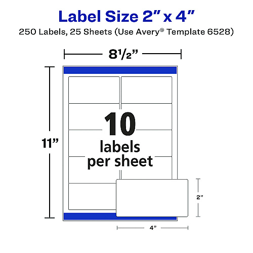 Avery Glossy White Easy Peel Mailing Labels w/ Sure Feed Technology, Laser Printers, 2 x 4, White, 10/Sheet, 25 Sheets/Pack (6528)