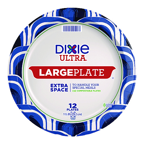 Dixie Heavy Duty Disposable Dinnerware, Large Plate, 11.5" dia, Floral, Blue/Yellow/White, 12/Pack (16217)