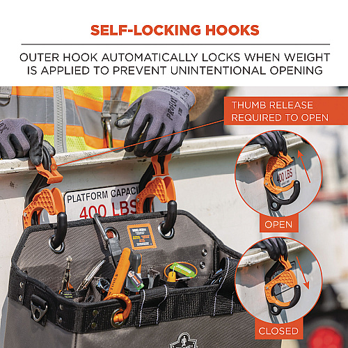 ergodyne Squids 3178 Locking Aerial Bucket Hook, Tethering Point, 9.06 x 7.09 x 2.17, Black/Orange, Supports 40 lbs (19179)