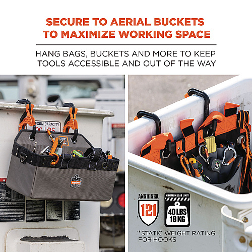 ergodyne Squids 3178 Locking Aerial Bucket Hook, Tethering Point, 8.27 x 6.69 x 2.17, Black/Orange, Supports 40 lbs, 2/Pack (19278)