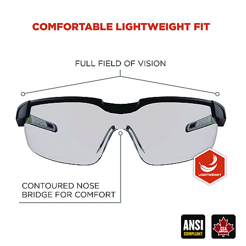 ergodyne Skullerz DELLENGER Safety Glasses, Adjustable Temples, Black Frame, Indoor/Outdoor Polycarbonate Lens (50064)