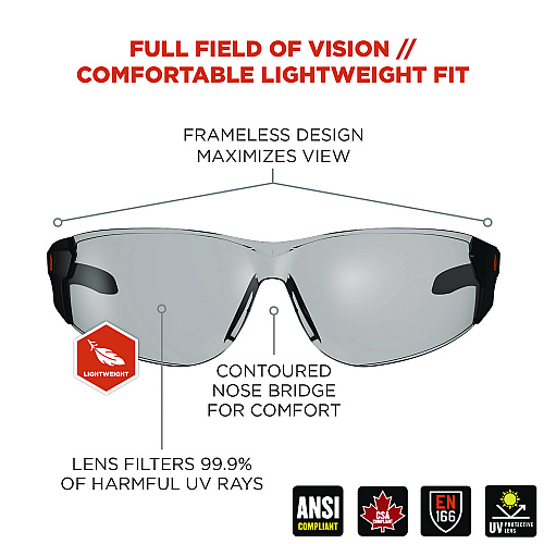 ergodyne Skullerz SAGA Anti-Scratch/Anti-Fog Safety Glasses, Matte Black Frameless, Indoor/Outdoor Polycarbonate Lens (59185)