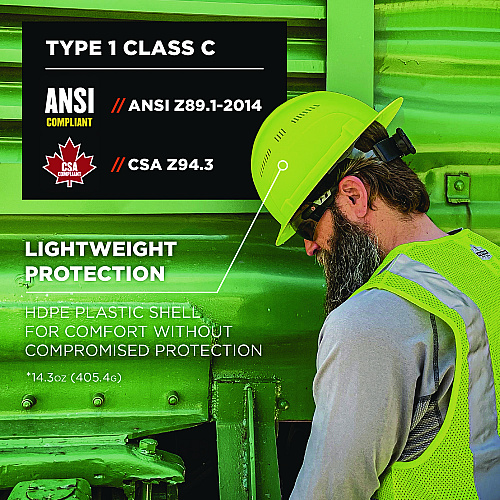 ergodyne Skullerz 8968 Class C Lightweight Full Brim Hard Hat, Adjustable Venting, 6-Point Rachet Suspension, Lime (60228)