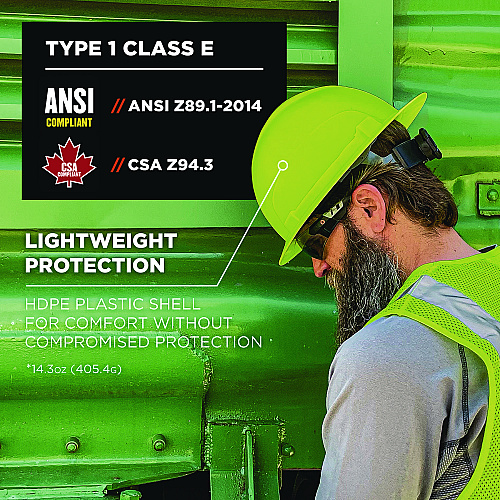 ergodyne Skullerz 8969 Class E Lightweight Full Brim Hard Hat, 6-Point Rachet Suspension, Lime (60232)