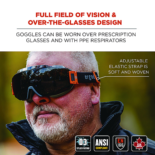ergodyne Skullerz MODI OTG Anti-Scratch and Enhanced Anti-Fog Safety Goggles with Elastic Strap, Smoke Lens (60301)