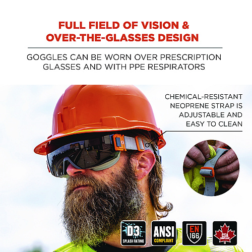 ergodyne Skullerz MODI OTG Anti-Scratch and Enhanced Anti-Fog Safety Goggles with Neoprene Strap, Smoke Lens (60303)