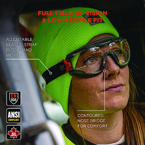 ergodyne Skullerz ARKYN Anti-Scratch and Enhanced Anti-Fog Safety Goggles with Elastic Strap, Clear (60308)