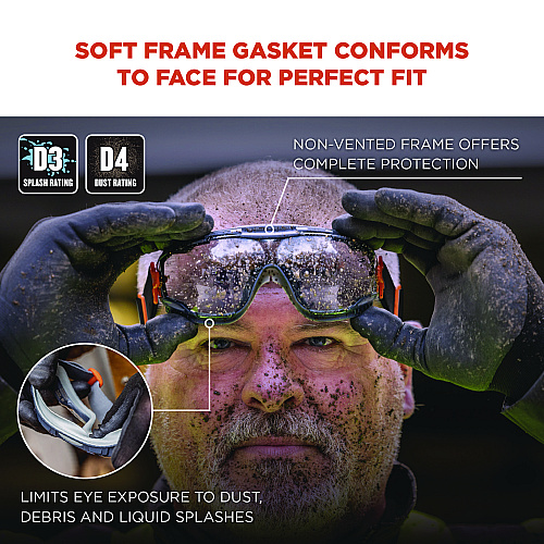 ergodyne Skullerz ARKYN Anti-Scratch and Enhanced Anti-Fog Safety Goggles with Elastic Strap, Clear (60308)