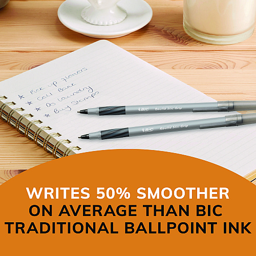 BIC Round Stic Grip Xtra Comfort Ballpoint Pen, Stick, Fine 0.8 mm, Black Ink, Gray/Black Barrel, Dozen (GSFG11BK)