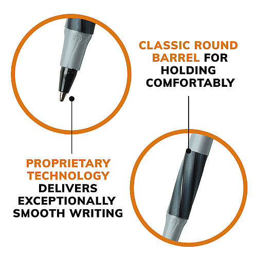 BIC Round Stic Grip Xtra Comfort Ballpoint Pen, Stick, Fine 0.8 mm, Black Ink, Gray/Black Barrel, Dozen (GSFG11BK)
