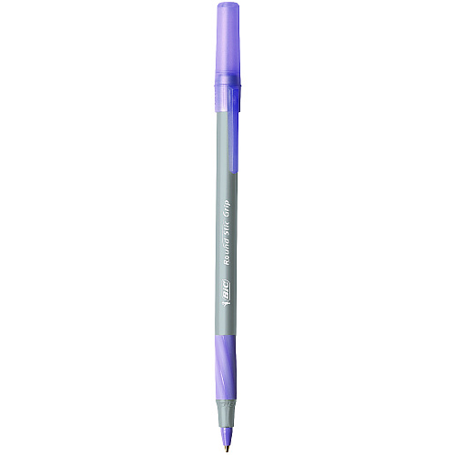 BIC Round Stic Grip Xtra Comfort Ballpoint Pen, Easy-Glide System, Stick, Medium 1.2 mm, Purple Ink, Gray/Purple Barrel, Dozen (GSMG11PE)