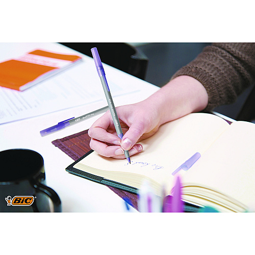 BIC Round Stic Grip Xtra Comfort Ballpoint Pen, Easy-Glide System, Stick, Medium 1.2 mm, Purple Ink, Gray/Purple Barrel, Dozen (GSMG11PE)