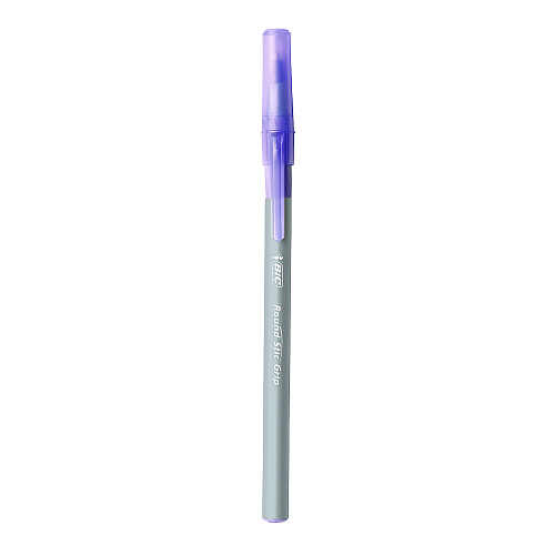 BIC Round Stic Grip Xtra Comfort Ballpoint Pen, Easy-Glide System, Stick, Medium 1.2 mm, Purple Ink, Gray/Purple Barrel, Dozen (GSMG11PE)