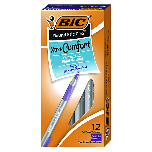 BIC Round Stic Grip Xtra Comfort Ballpoint Pen, Easy-Glide System, Stick, Medium 1.2 mm, Purple Ink, Gray/Purple Barrel, Dozen (GSMG11PE)