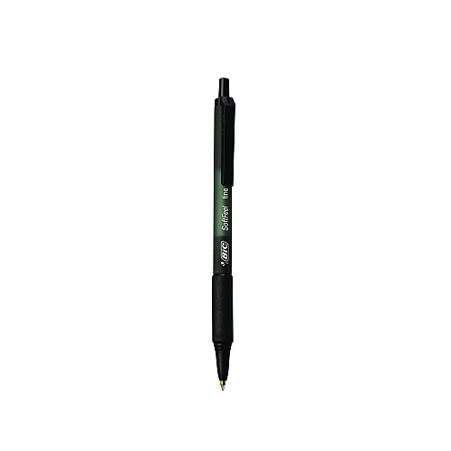 BIC Soft Feel Ballpoint Pen, Retractable, Medium 1 mm, Black Ink, Black Barrel, Dozen (SCSM11BK)