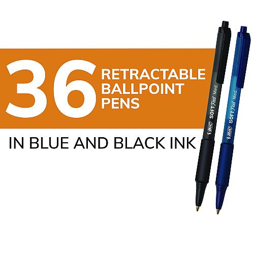BIC Soft Feel Ballpoint Pen Value Pack, Retractable, Medium 1 mm, Black Ink, Black Barrel, 36/Pack (SCSM361BK)