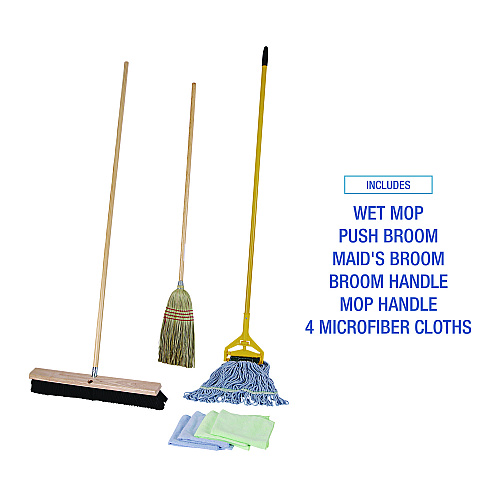 Boardwalk&reg; Cleaning Kit, Mop, Handle, Push Broom, Maids Broom (BWKCLEANKIT)